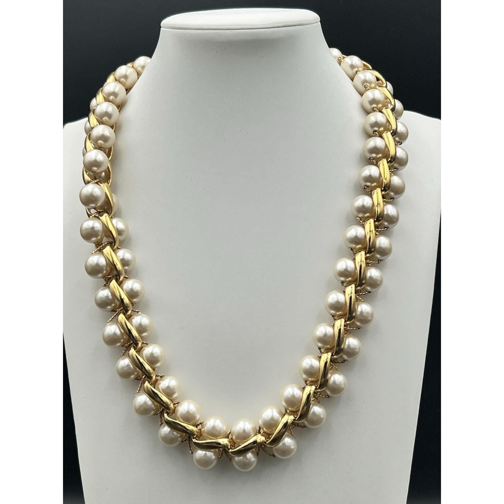 Napier Vintage Gold Tone Faux Pearl Twisted Ribbon Choker Old Money - Picture 2 of 7